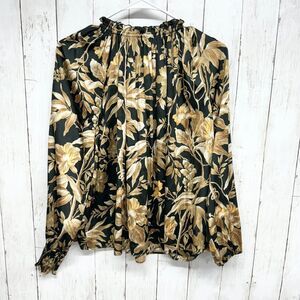 H&M Blouse Women Size 2 Gold Floral Wide Frill-Collared Mock Neck Long Sleeve